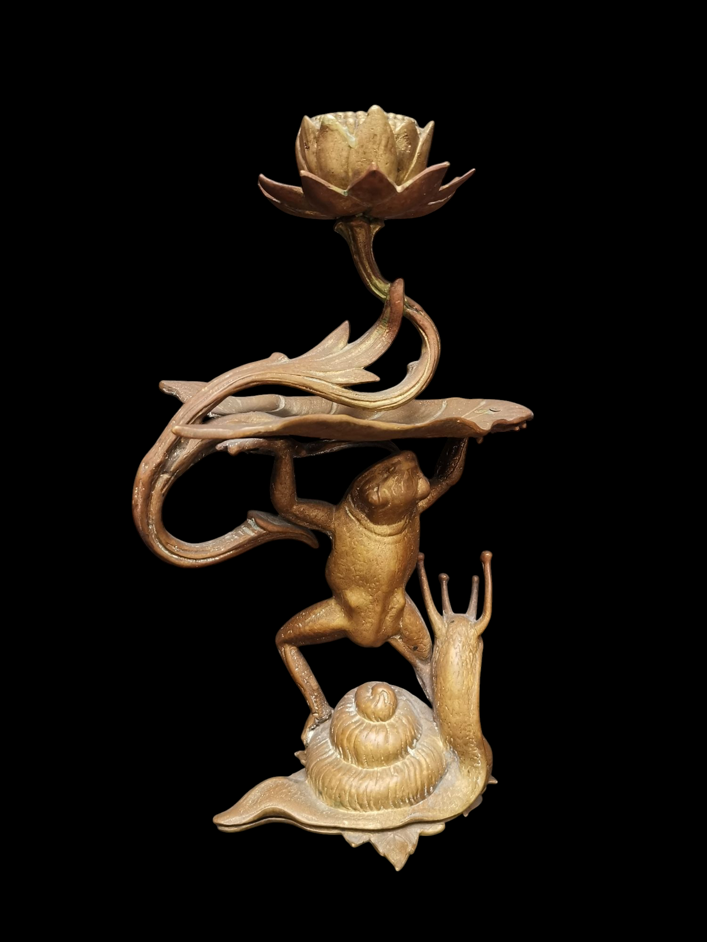 Frog and snail brass candle holders